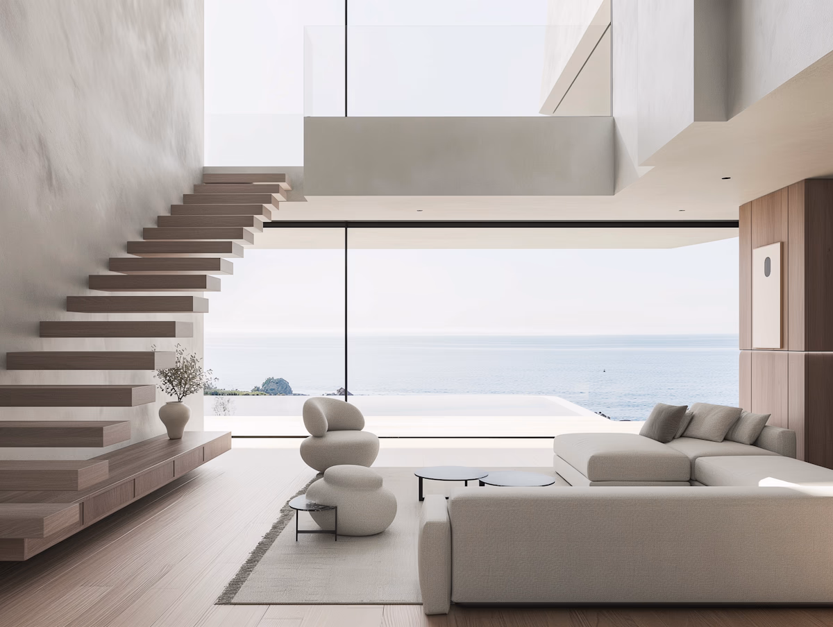 A modern architectural interior with a geometric wooden staircase and natural skylight.