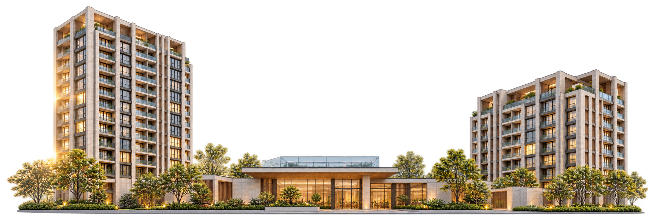 A modern residence with floor-to-ceiling glass, a still pool, and warm daylight across white concrete.