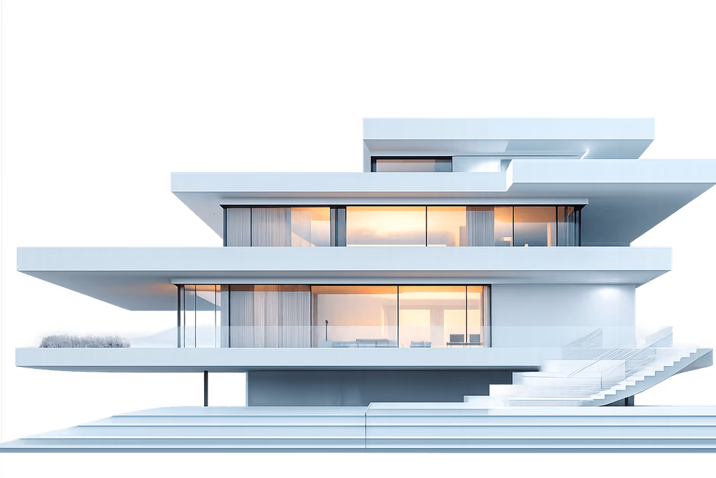A modern residence with floor-to-ceiling glass, a still pool, and warm daylight across white concrete.